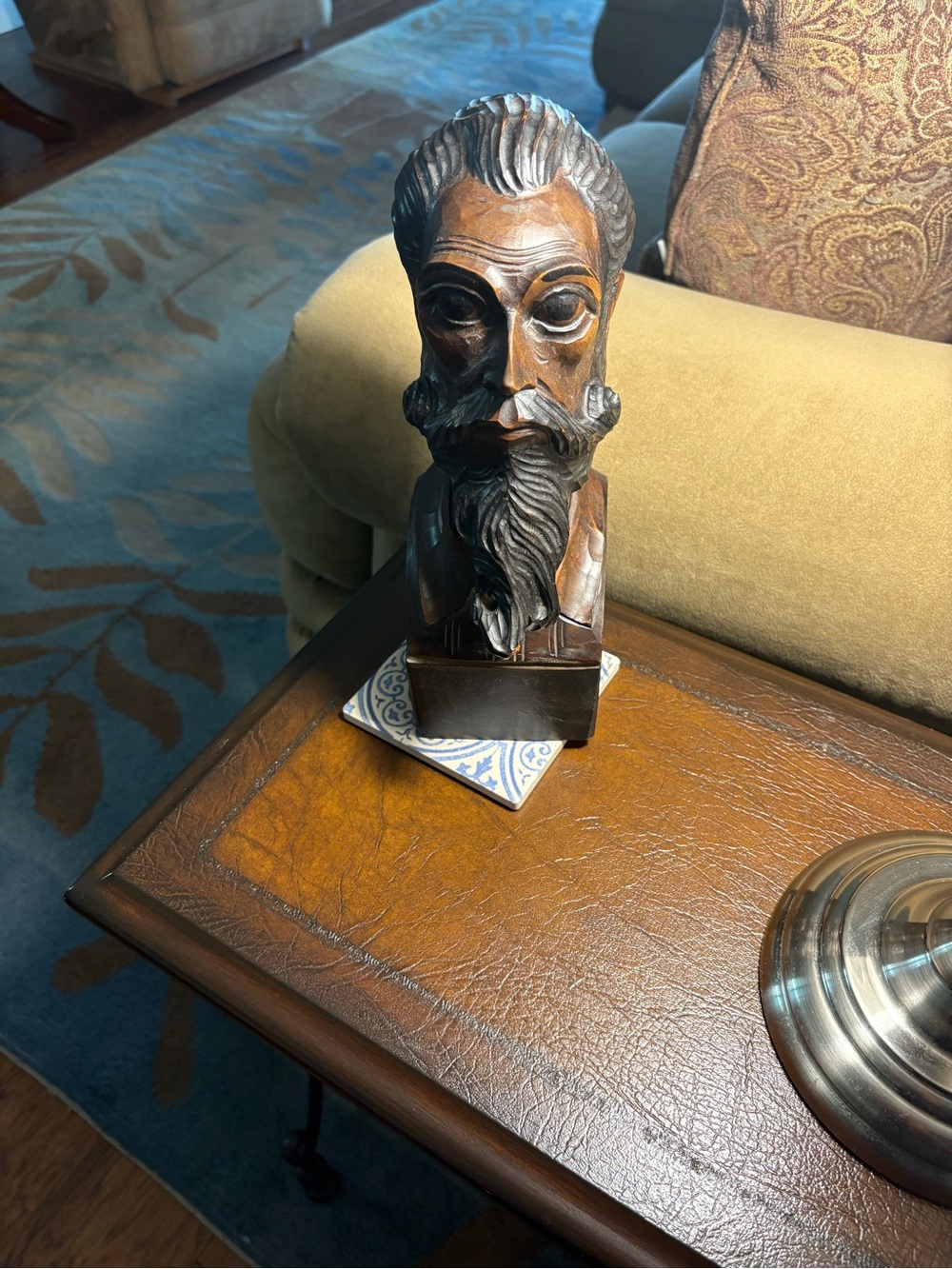 Don Quixote Sculpture Hand-Carved Wooden Bearded Bust Accent - Brown